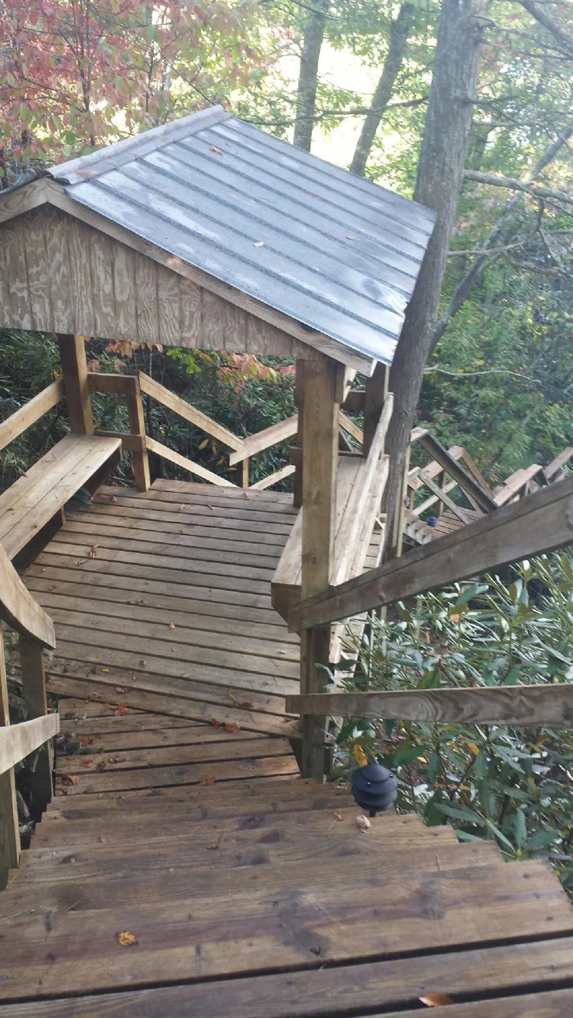 Metal roofed shelter over wooden steps on a wooded walkway — Skylight Repair & Installation work by our crew in Glencliff